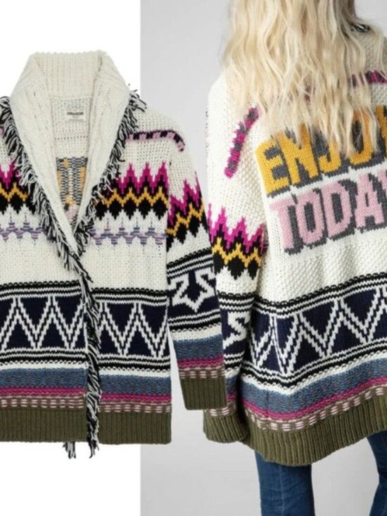 Zadig & Voltaire Ella Cardigan Jacket Fringe Enjoy Today Size M L NWT - Picture 1 of 12